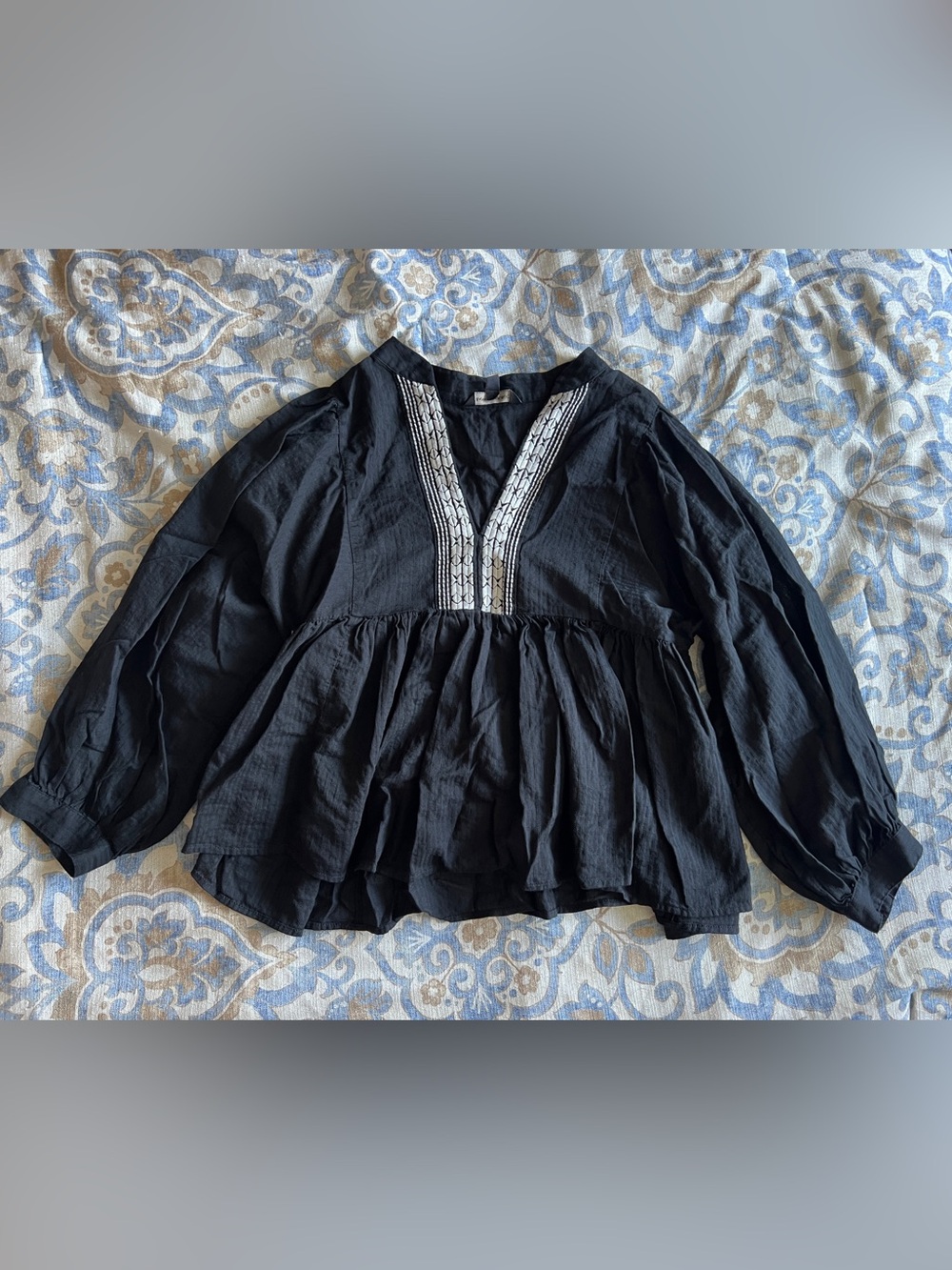 Banana Republic Black Peasant Blouse with White Embroidery